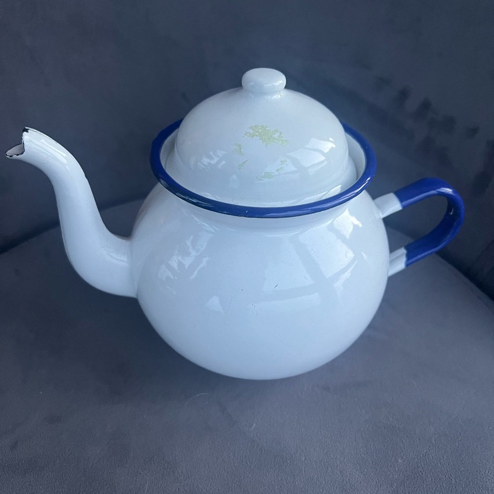 Vintage White Enamel Teapot with Blue Accents